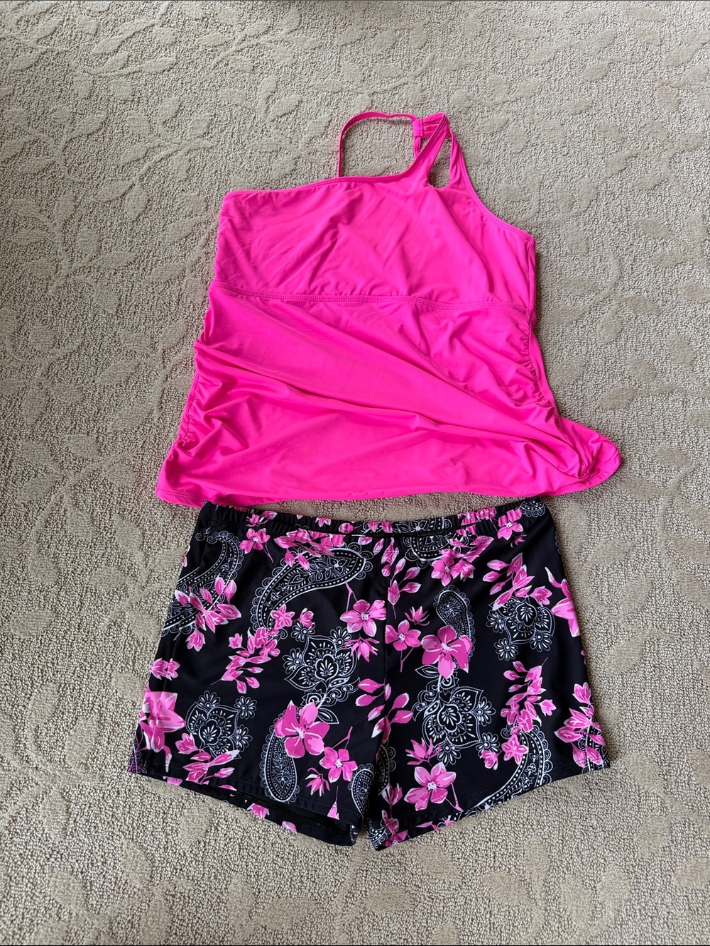 Target Hot Pink One-Shoulder Tankini Top with Black Floral Swim Shorts